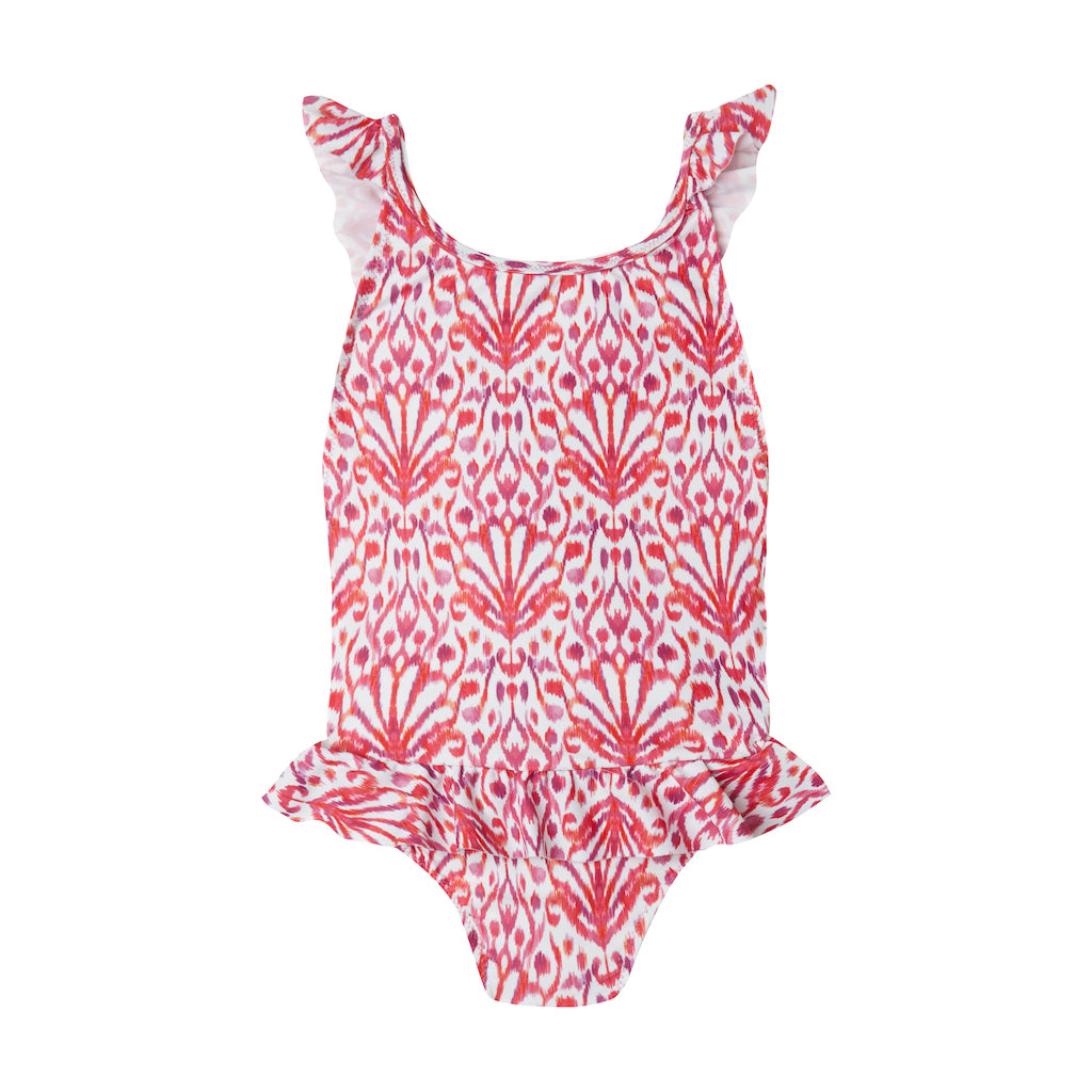 Product shot of the front of the Marie Raxevsky girls ikat floral cross back swimsuit