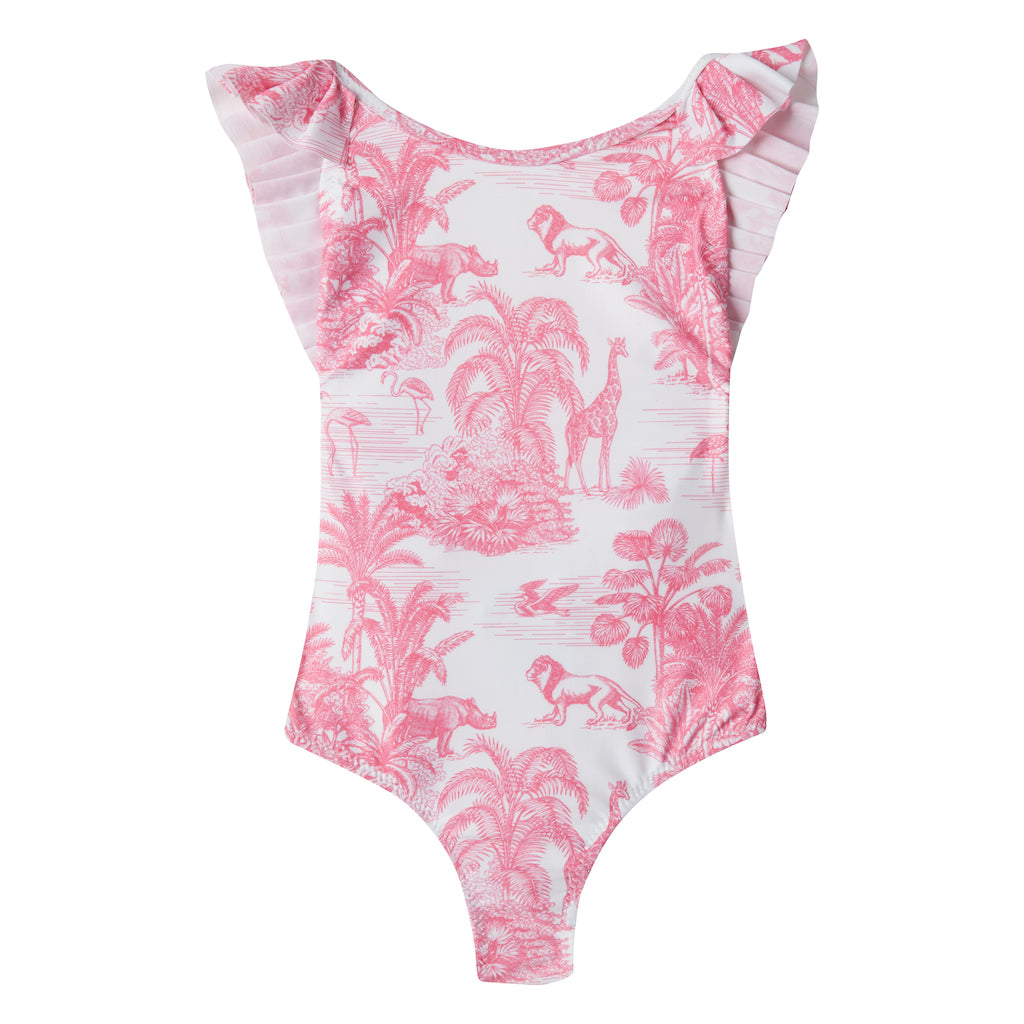 Product shot of the front of the Marie Raxevsky pink jungle print pleated swimsuit