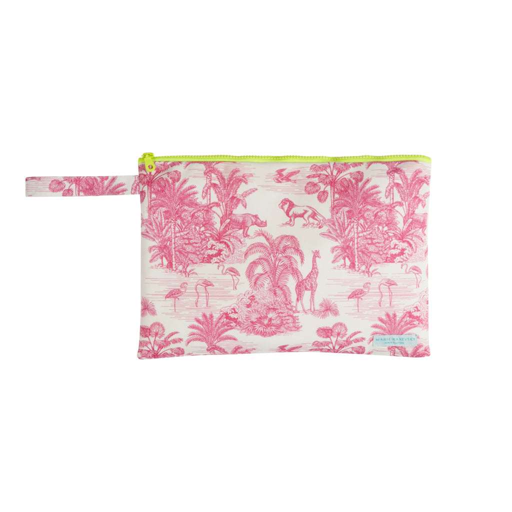 Product shot of the Marie Raxevsky Large Pouch Wet Bag in Pink Jungle print