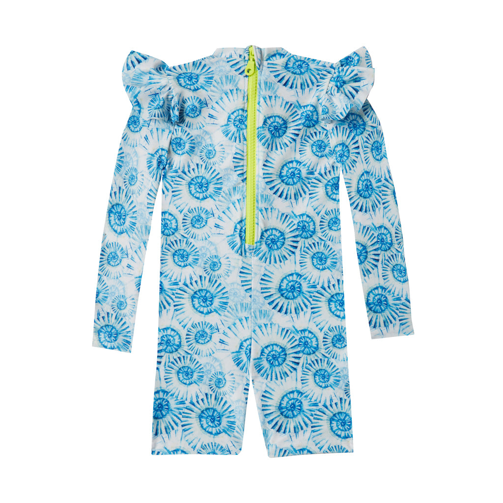 Product shot of the back of the Marie Raxevsky baby and toddler girl long sleeve bodysuit in blue sea shells print
