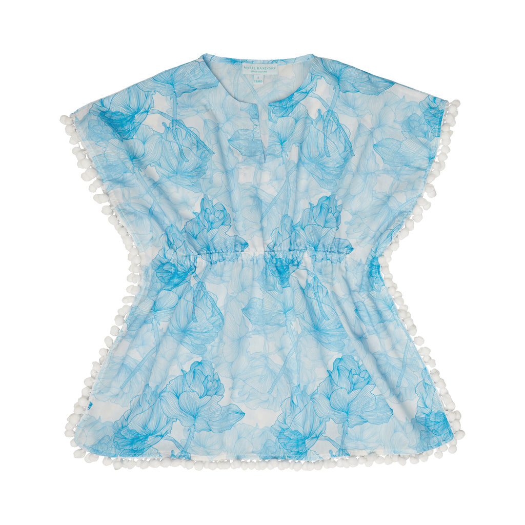 Product shot of the Marie Raxevsky Girl's Blue Flowers Kaftan Cover-Up with white Pom Pom detailing
