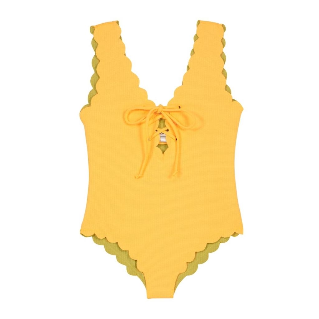 Front view of Marysia Bumby lace up swimsuit in wheat yellow and fern green