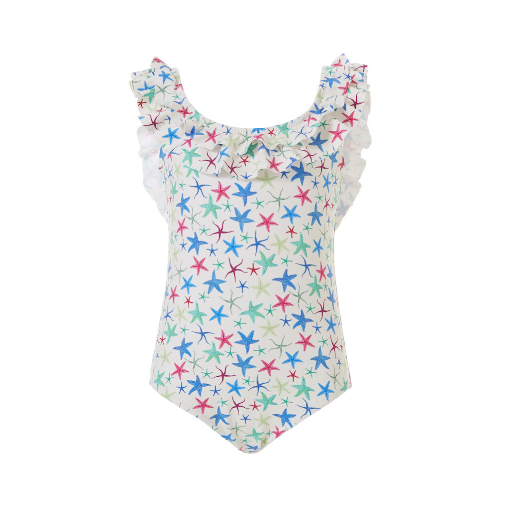 Melissa Odabash Baby Missy girls ruffle swimsuit with starfish pattern in red, blue and green