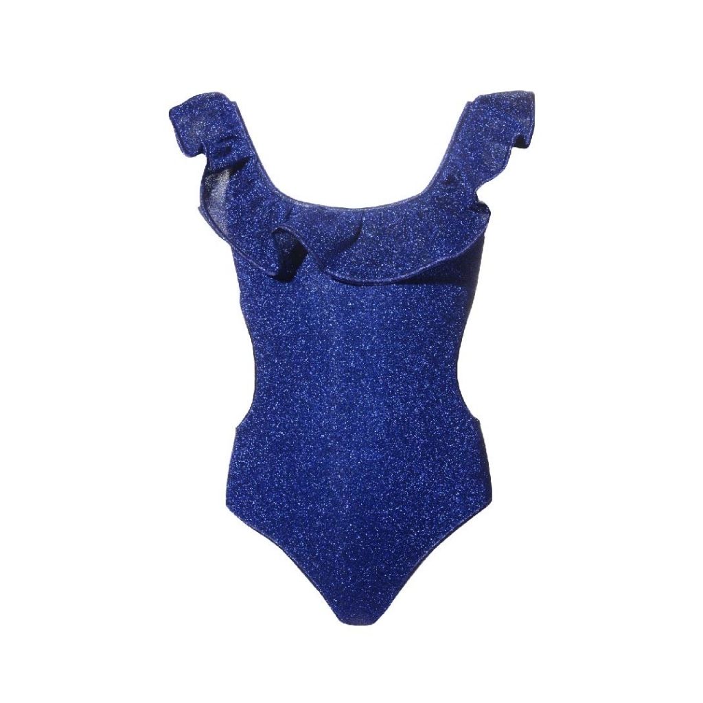 Product view of the Oseree Kids girl's Osemini Lumiere ruffle swimsuit with cut-out detail in blue