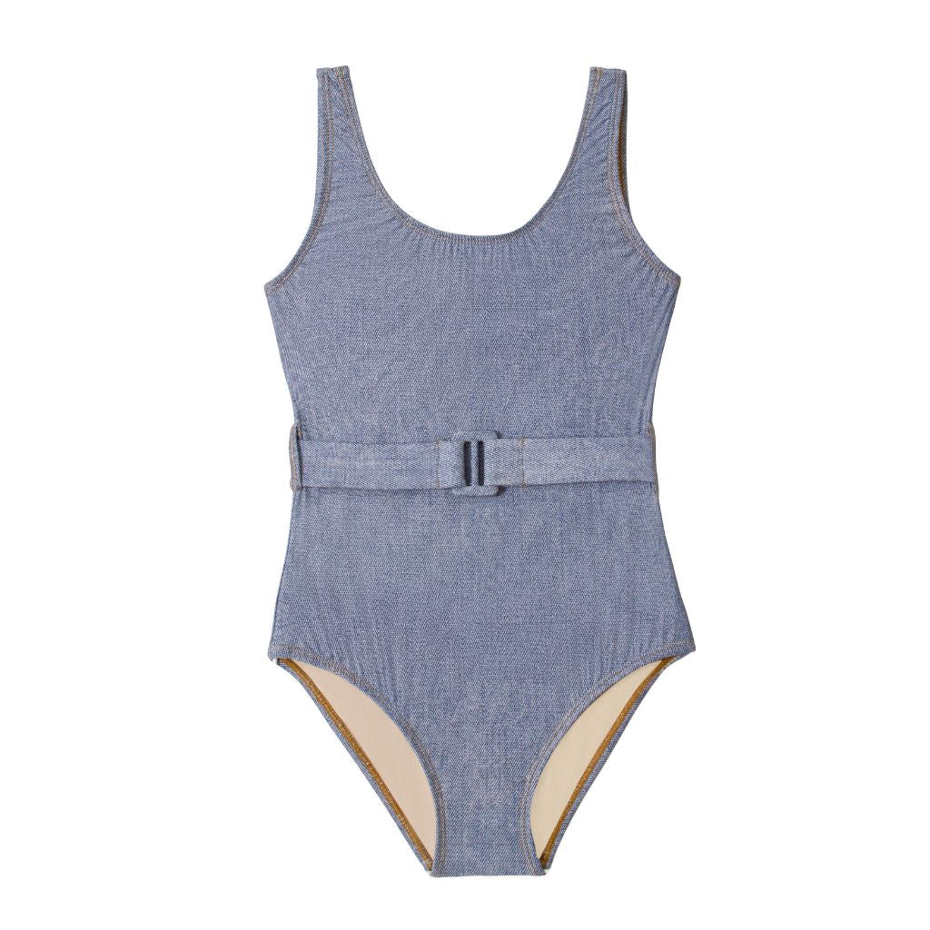 Front view of PQ Swim Kids Indie Sky Girls Belted One Piece Swimsuit