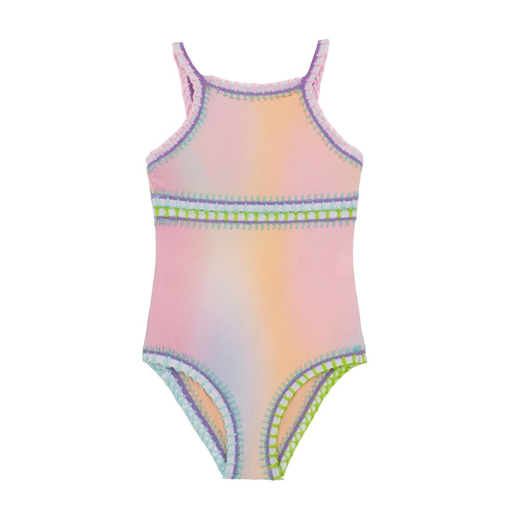 Product shot of Golden Hour Sporty Rainbow Embroidered Swimsuit for girls from PQ Swim in pastel ombre