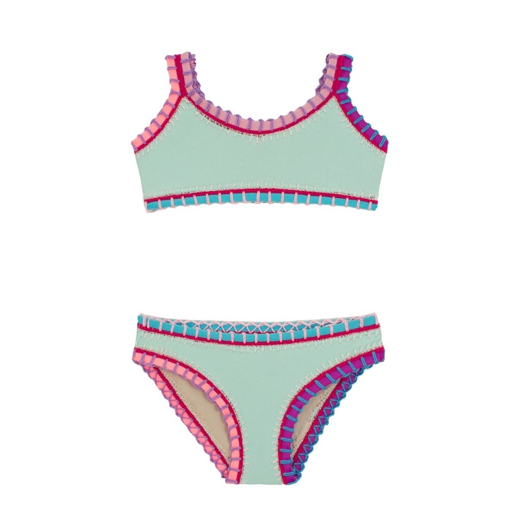 Flatlay of Divine Sporty Rainbow Bikini for girls from PQ Swim in blue