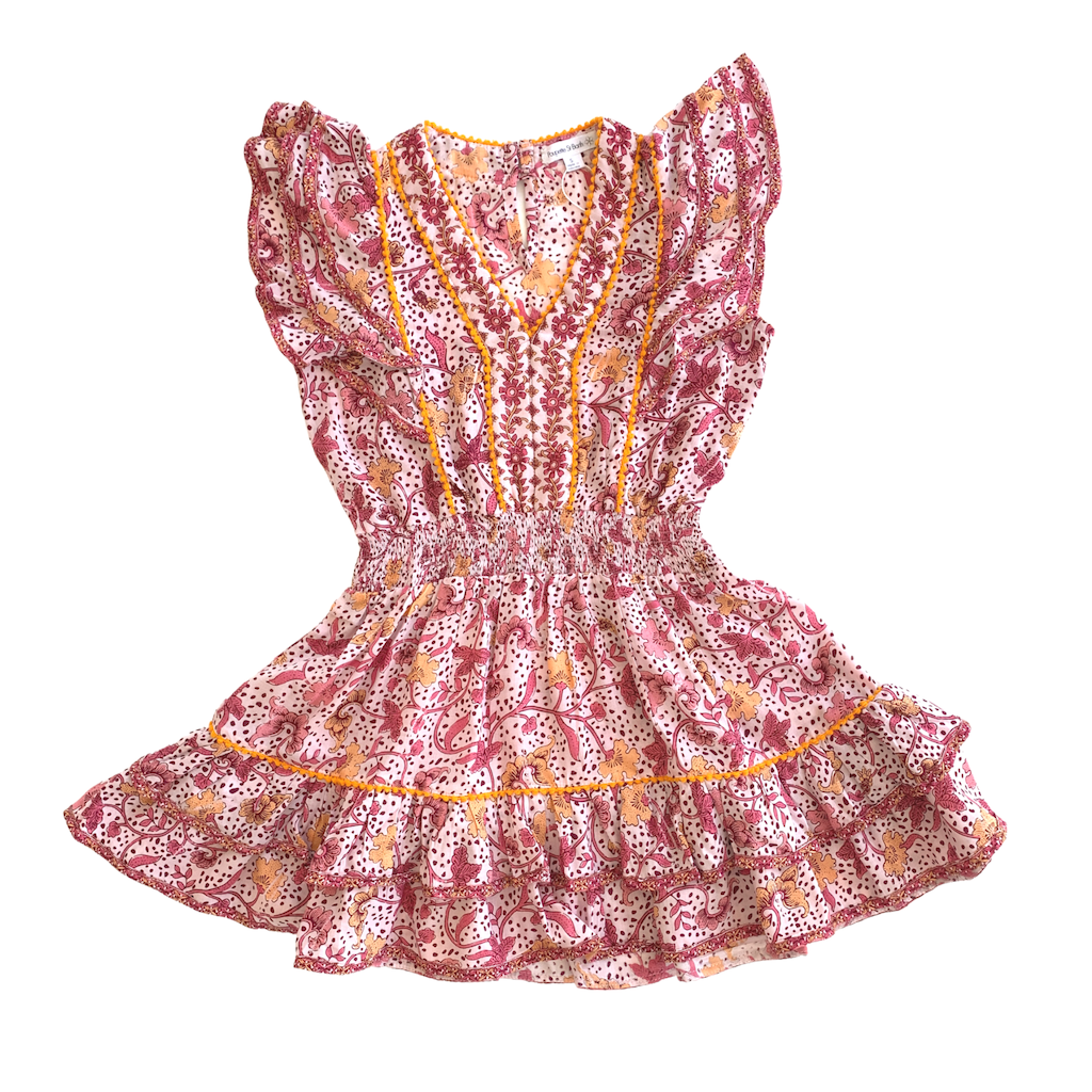 Front of Poupette St Barth Children's Camila Ruffled Mini Dress in Pink Clary
