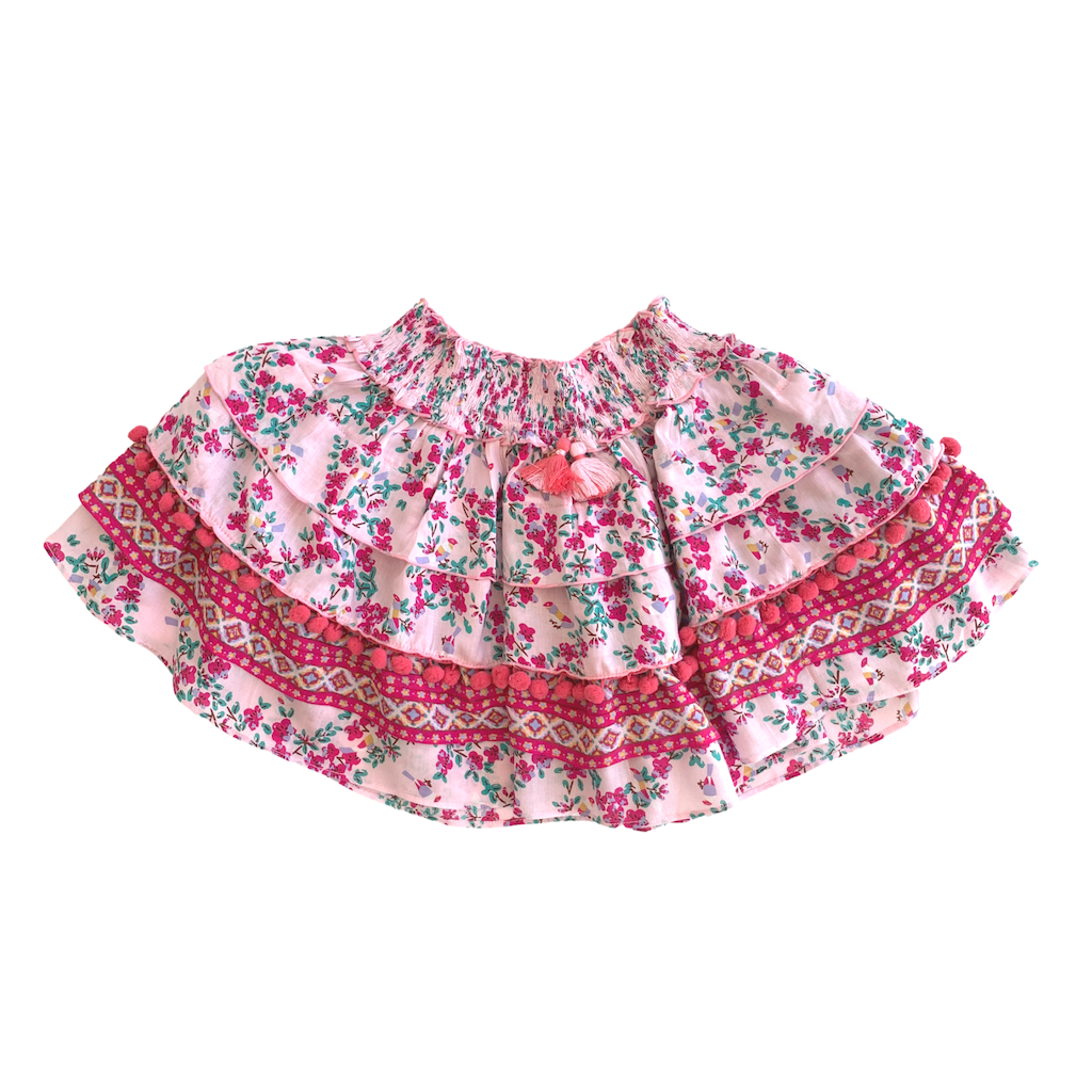 Poupette St Barth Children's Ariel Ruffled Mini Skirt in Kookoo Bird Print