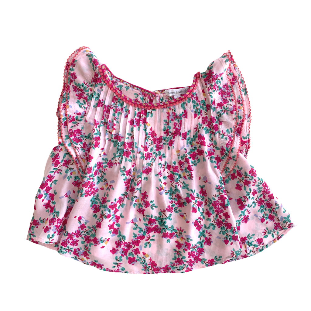 Front of Poupette St Barth Children's Amber pleated top blouse in Pink Kookoo Bird Print 