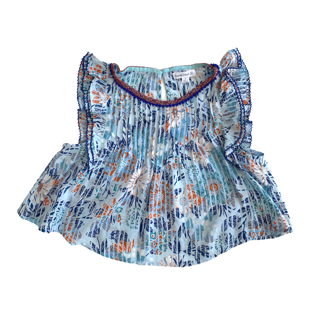 Front of Poupette St Barth Children's Amber pleated top blouse in Sky Blue Marigold in 