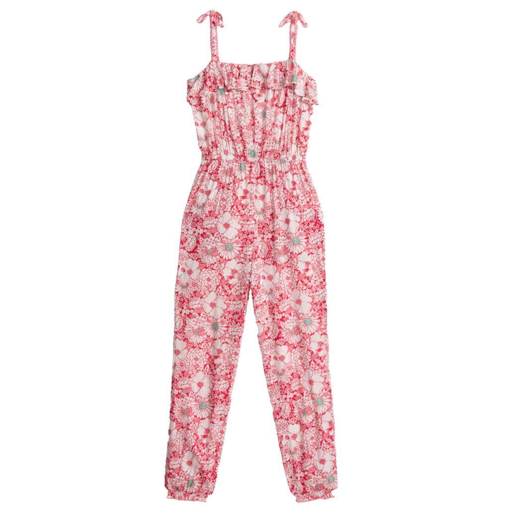 Product shot of the back of the Poupette St Barth Kids Astra Long Jumpsuit in Pink Mid 70's print