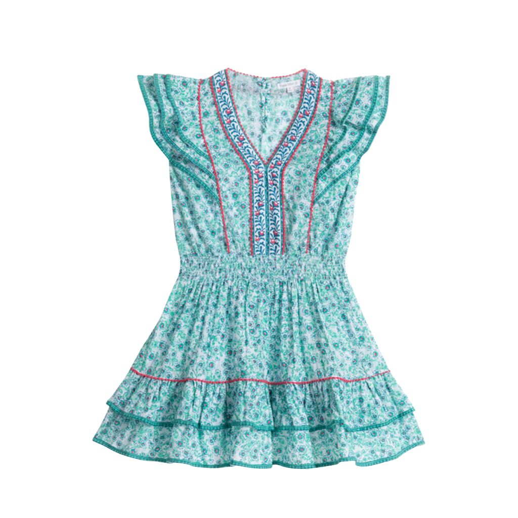 Product shot of the front of the Poupette St Barth Kids Camila Cotton Mini Dress in Aqua Anemone 