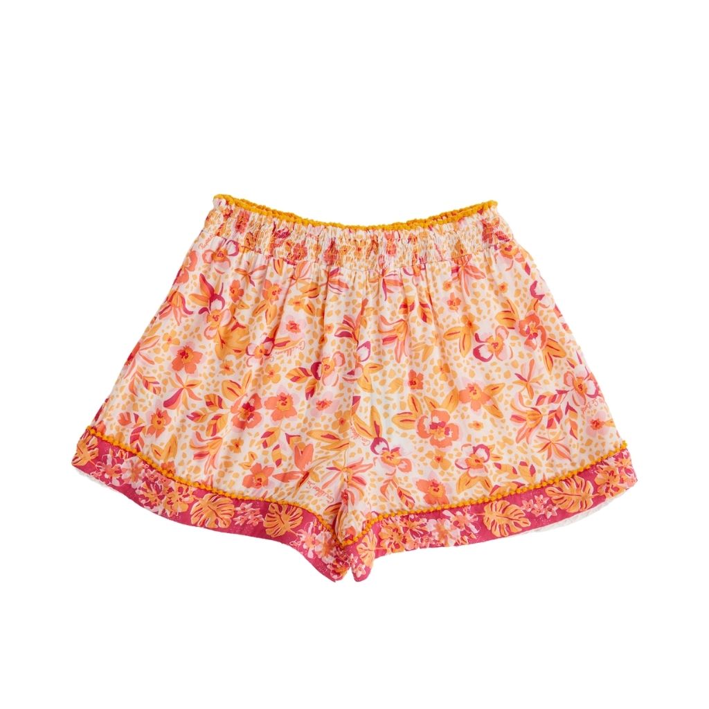 Back of Poupette St Barth Kids Cindy Culotte Shorts in Pink Orange Floral Monaco Print
