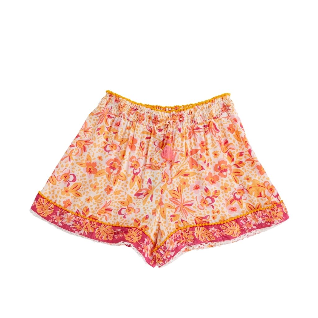 Front of Poupette St Barth Kids Cindy Culotte Shorts in Pink Orange Floral Monaco Print