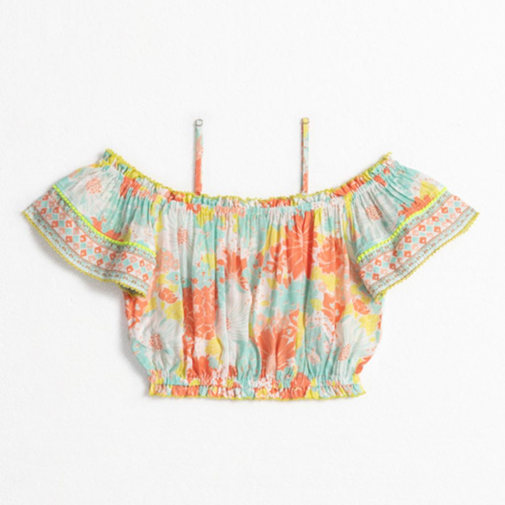 Product shot of the back of the Poupette St Barth Donna off the shoulder top in Orange Flower Mix