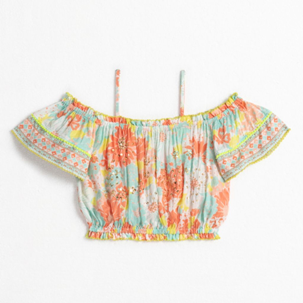 Product shot of the front of the Poupette St Barth Donna off the shoulder top in Orange Flower Mix