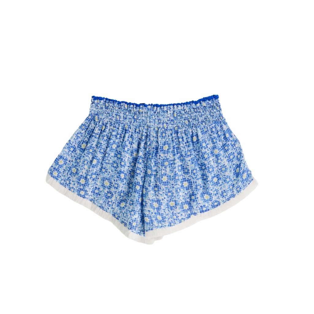 Back of Poupette St Barth Kids Lulu Boxer Shorts in Blue Floral Je t'aime Print