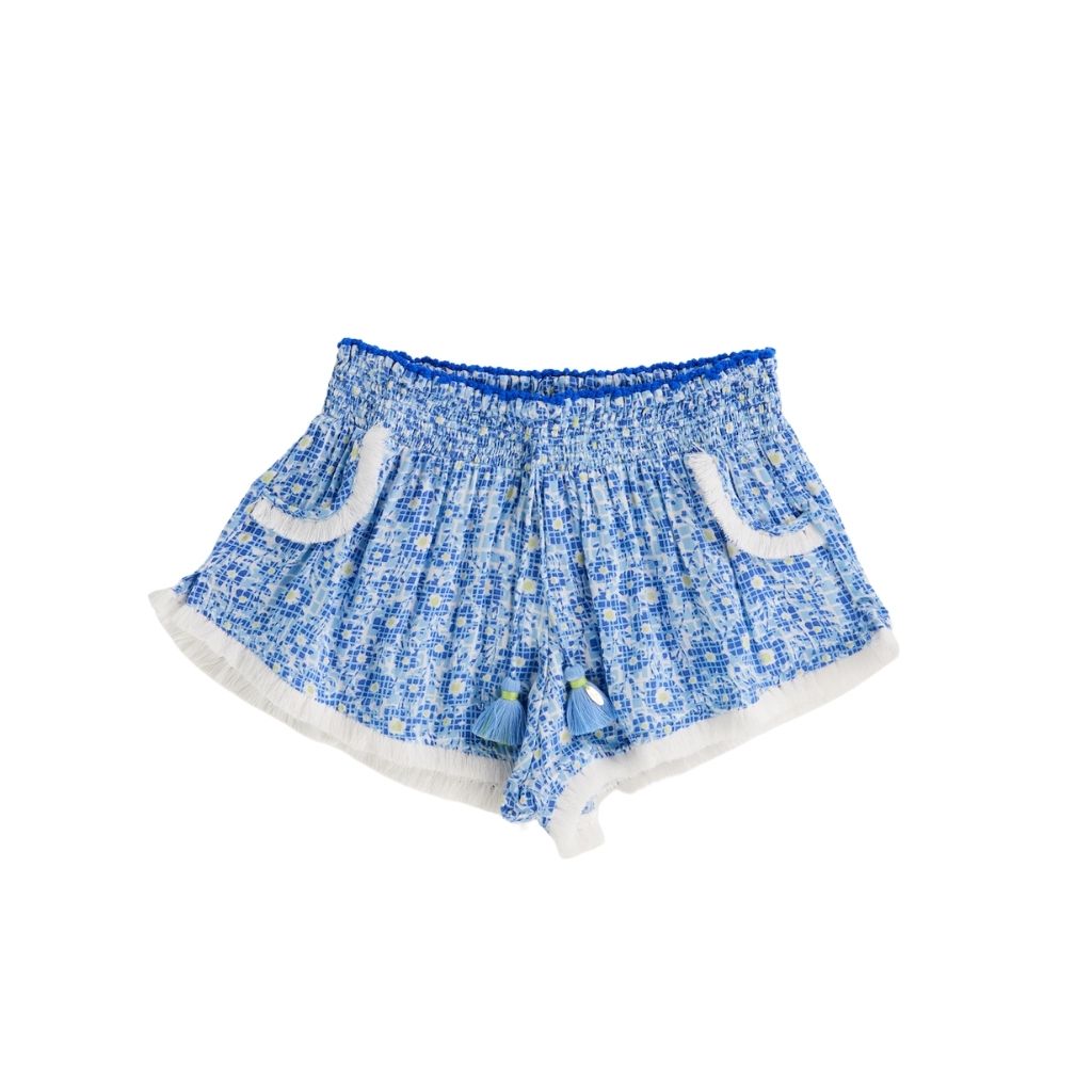 Front of Poupette St Barth Kids Lulu Boxer Shorts in Blue Floral Je t'aime Print