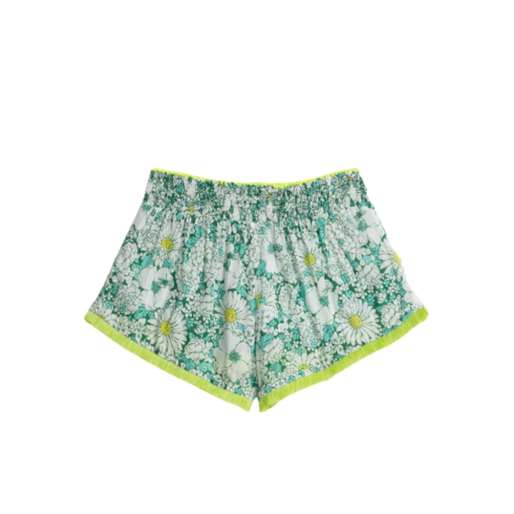 Product shot of the back of the Poupette St Barth Kids Lulu Boxer Shorts in Green Mid 70's Garden print