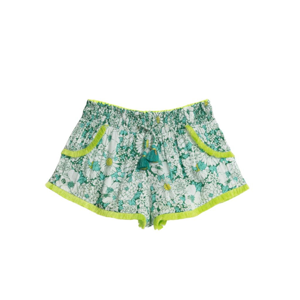 Product shot of the front of the Poupette St Barth Kids Lulu Boxer Shorts in Green Mid 70's Garden print