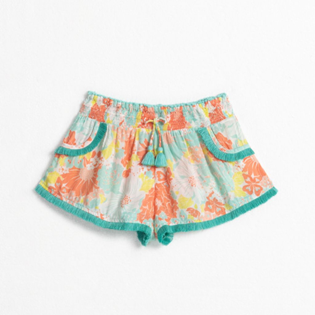 Product shot of the front of the Poupette St Barth Kids Lulu Boxer Shorts in Orange Flower Mix print
