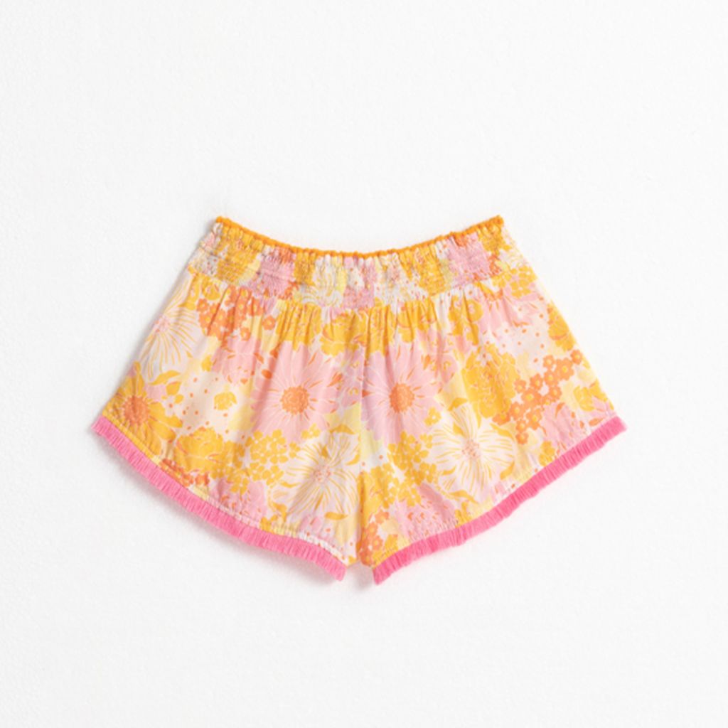 Product shot of the back of the Poupette St Barth Kids Lulu Boxer Shorts in Yellow Flower Mix print