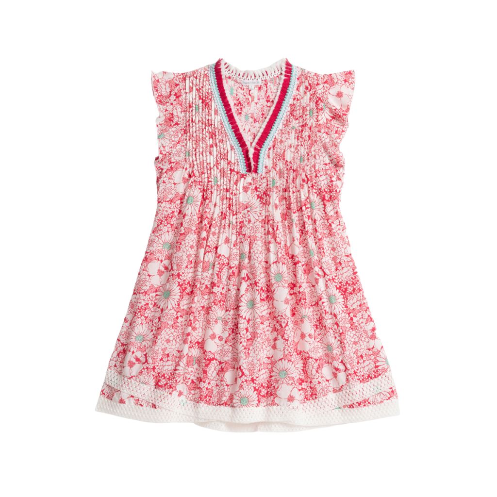 Product shot of the front of the Poupette St Barth Kids Sasha Mini Dress in Pink Mid 70's Garden print