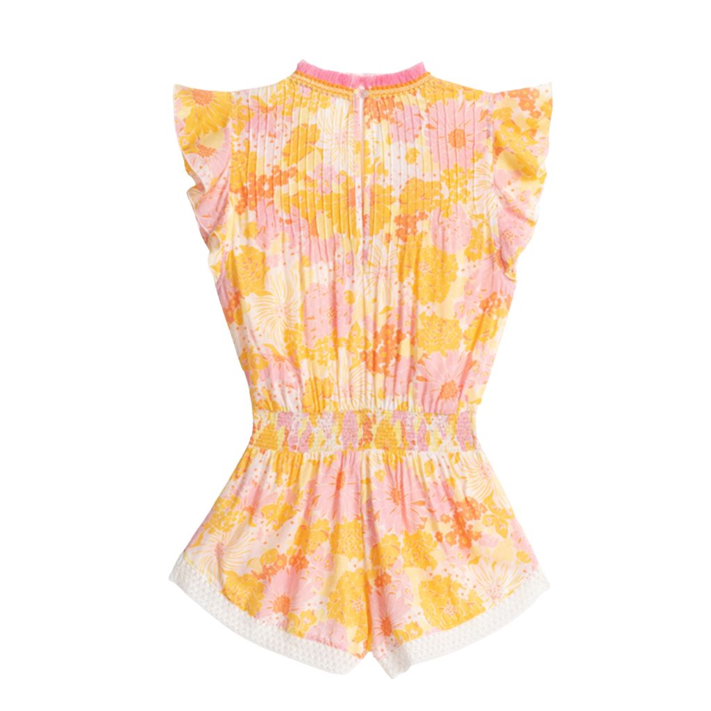 Product shot of the back of the Poupette St Barth Kids Sasha Short Jumpsuit Playsuit in Yellow Flower Mix print