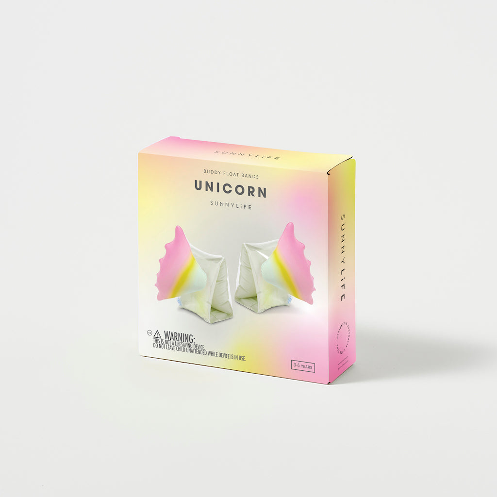 Packaging shot of Sunnylife Unicorn buddy float bands / armbands in a 3d unicorn rainbow gradient design