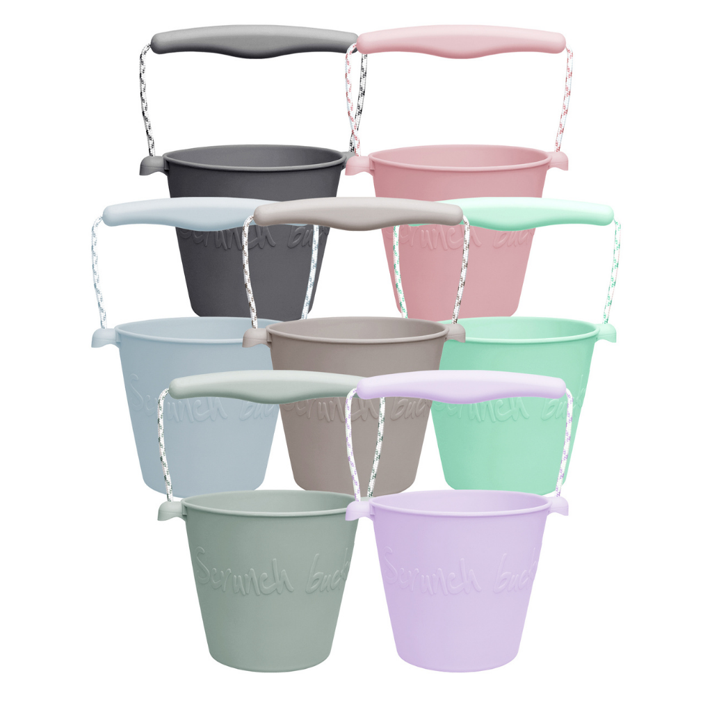 Collection of Scrunch Silicone Buckets in anthracite grey, old rose, duck egg blue, mushroom, spearmint, sage green and pale lavender