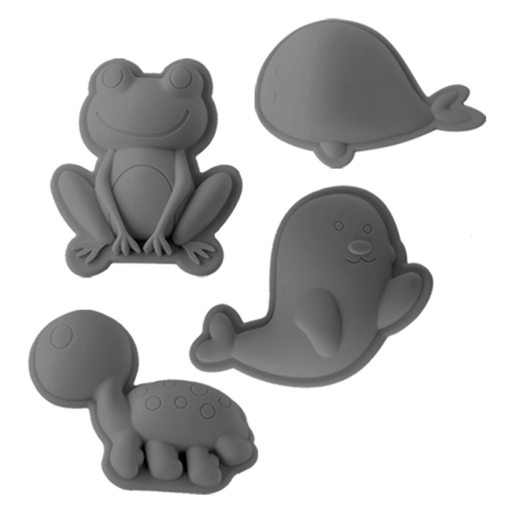 Scrunch silicone sand moulds in the frog set featuring frog, whale, seal and turtle in anthracite grey