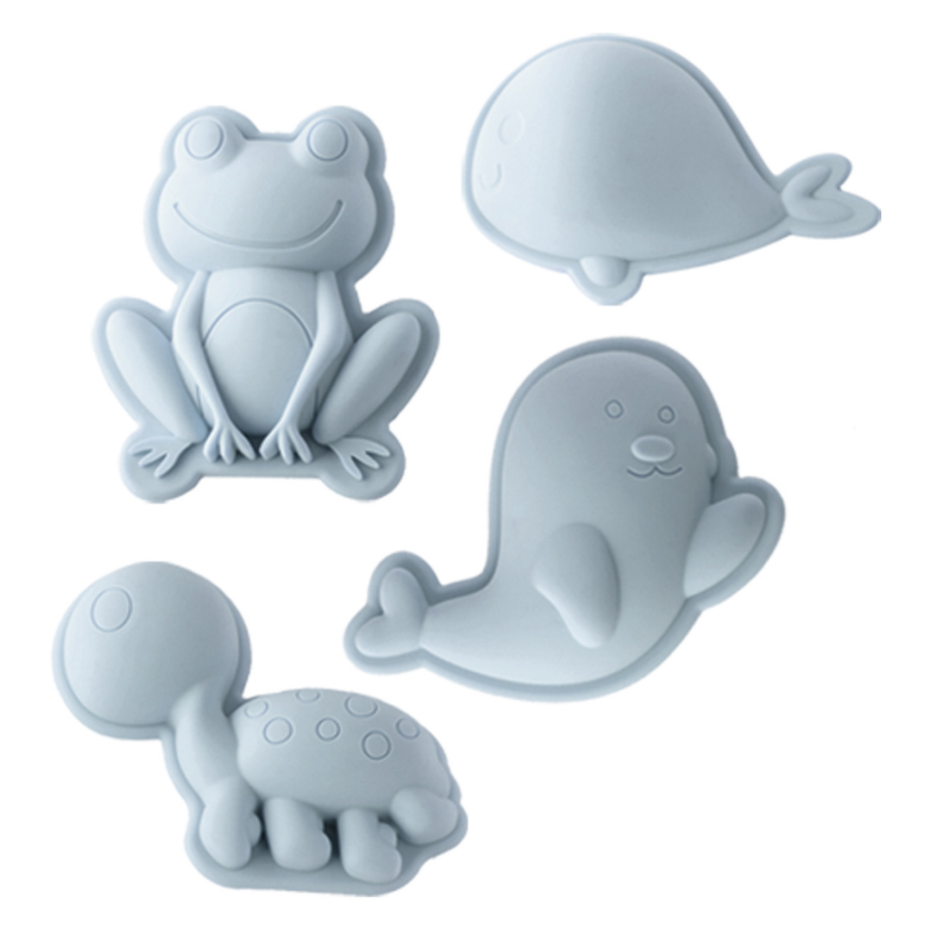 Scrunch silicone sand moulds in the frog set featuring frog, whale, seal and turtle in duck egg blue