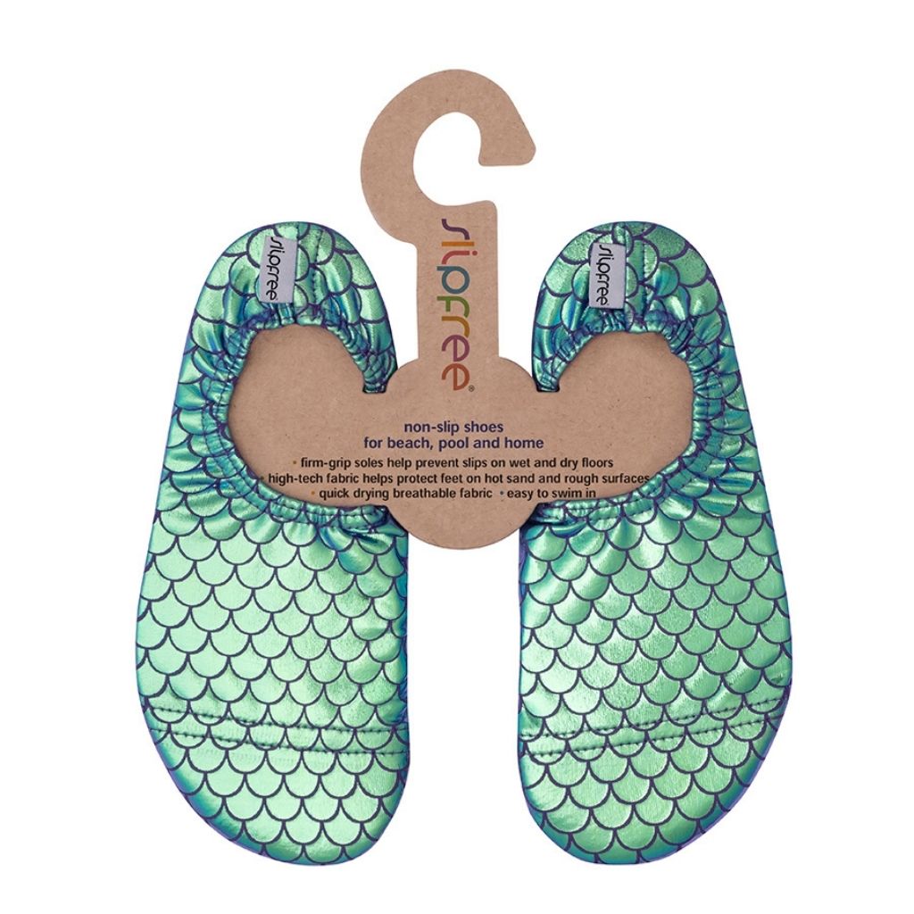 Front view of the Ivy non-slip children's shoe from Slipfree in a metallic mermaid scale foil print