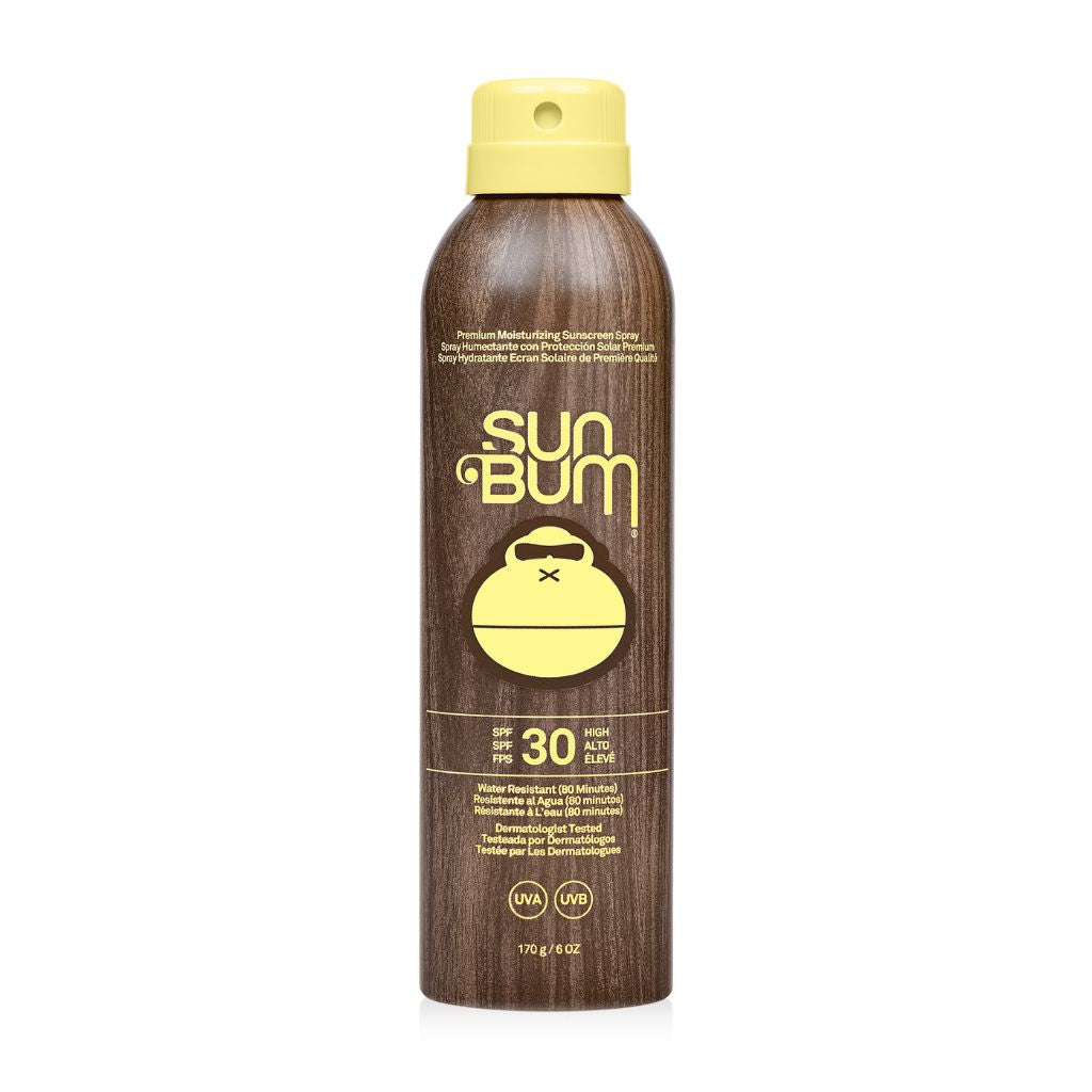 Product view of the front of the bottle of Sun Bum original SPF 30 water resistant moisturising sun protection spray