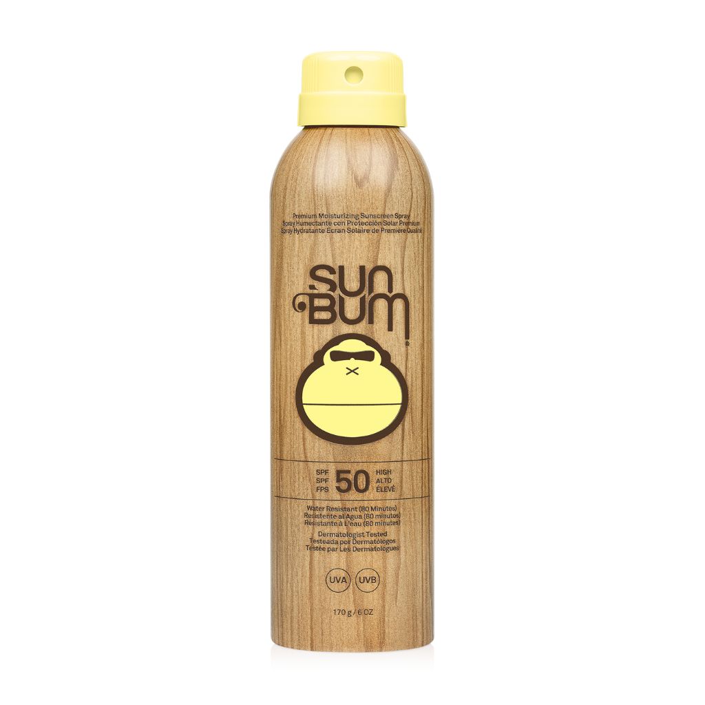 Product shot of the front of the bottle of Sum Bum Original SPF 50 Water Resistant Sunscreen Spray