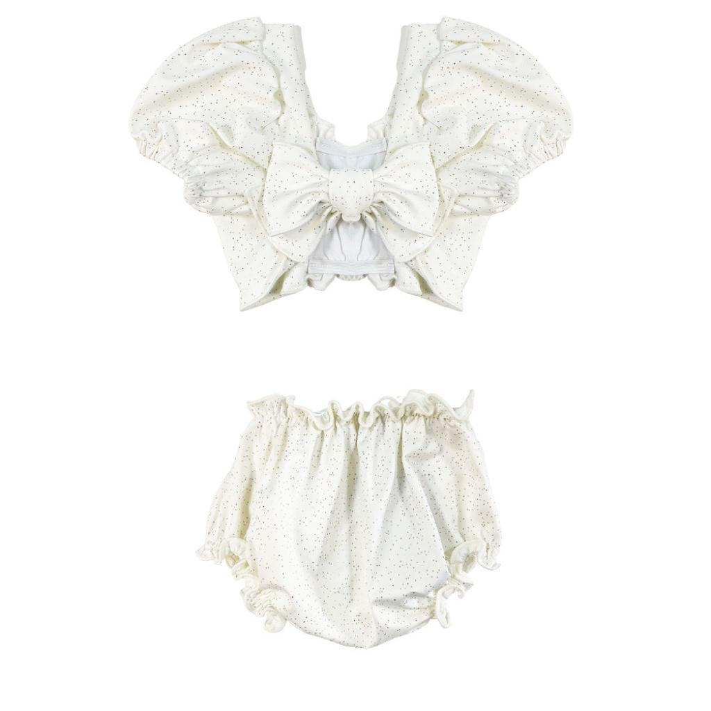 Product shot of the back of the Suncracy Ivory Glitter Capri Baby Set Bikini for baby girls and toddler girls