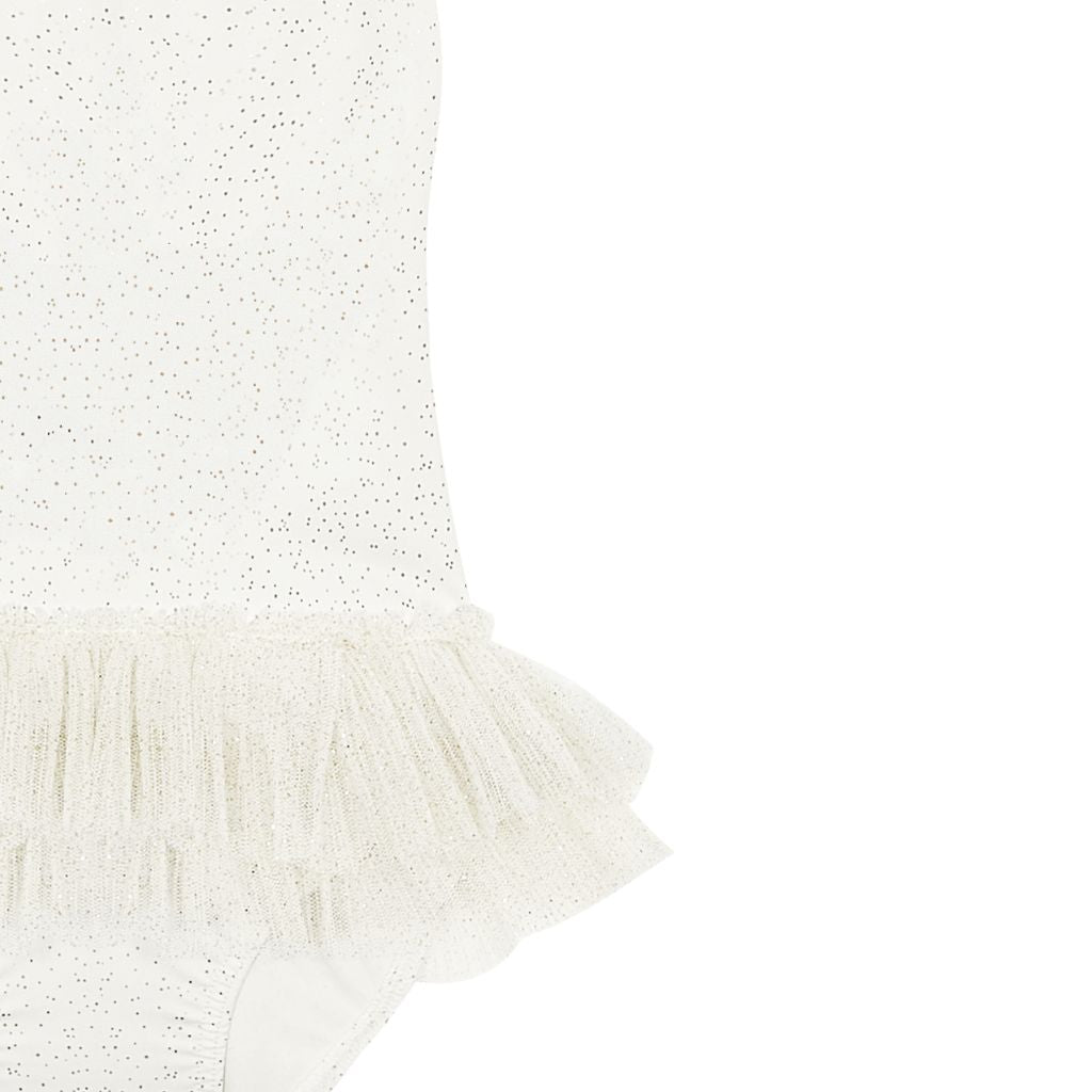 Close up of the print on the Suncracy Ivory Glitter Capri Chic Tulle Swimsuit for baby girls, little girls and older girls