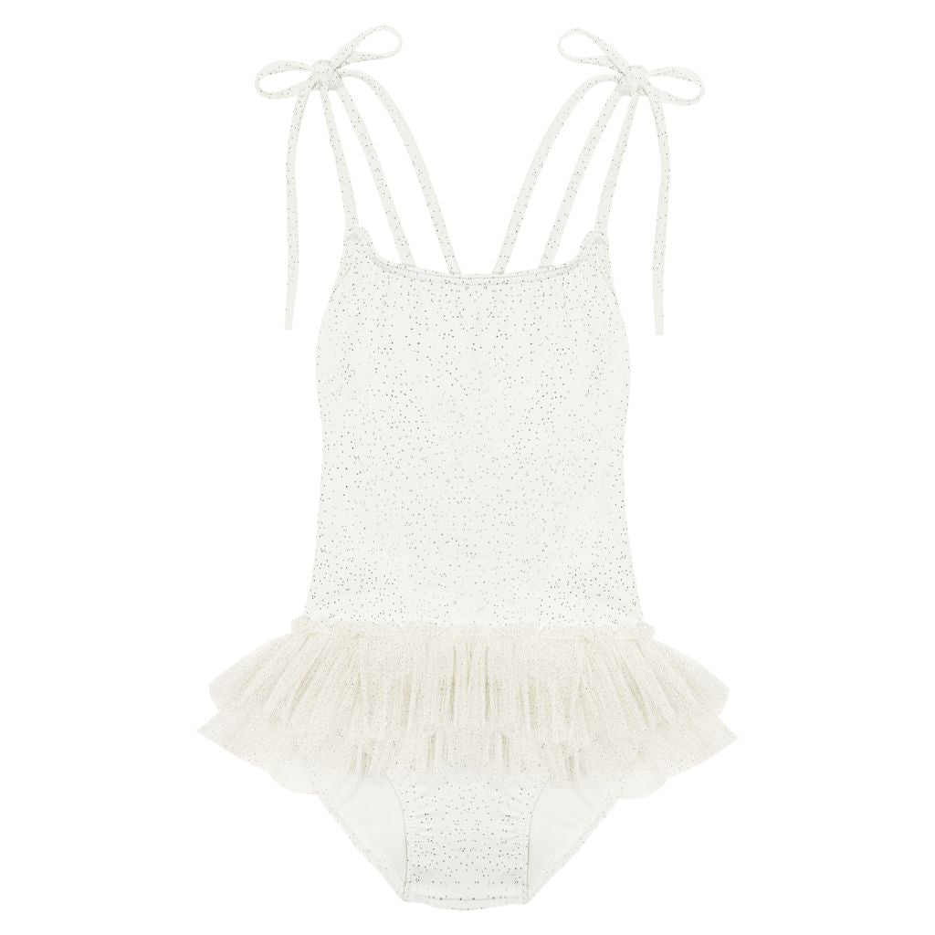 Product shot of the front of the Suncracy Ivory Glitter Capri Chic Tulle Swimsuit for baby girls, little girls and older girls