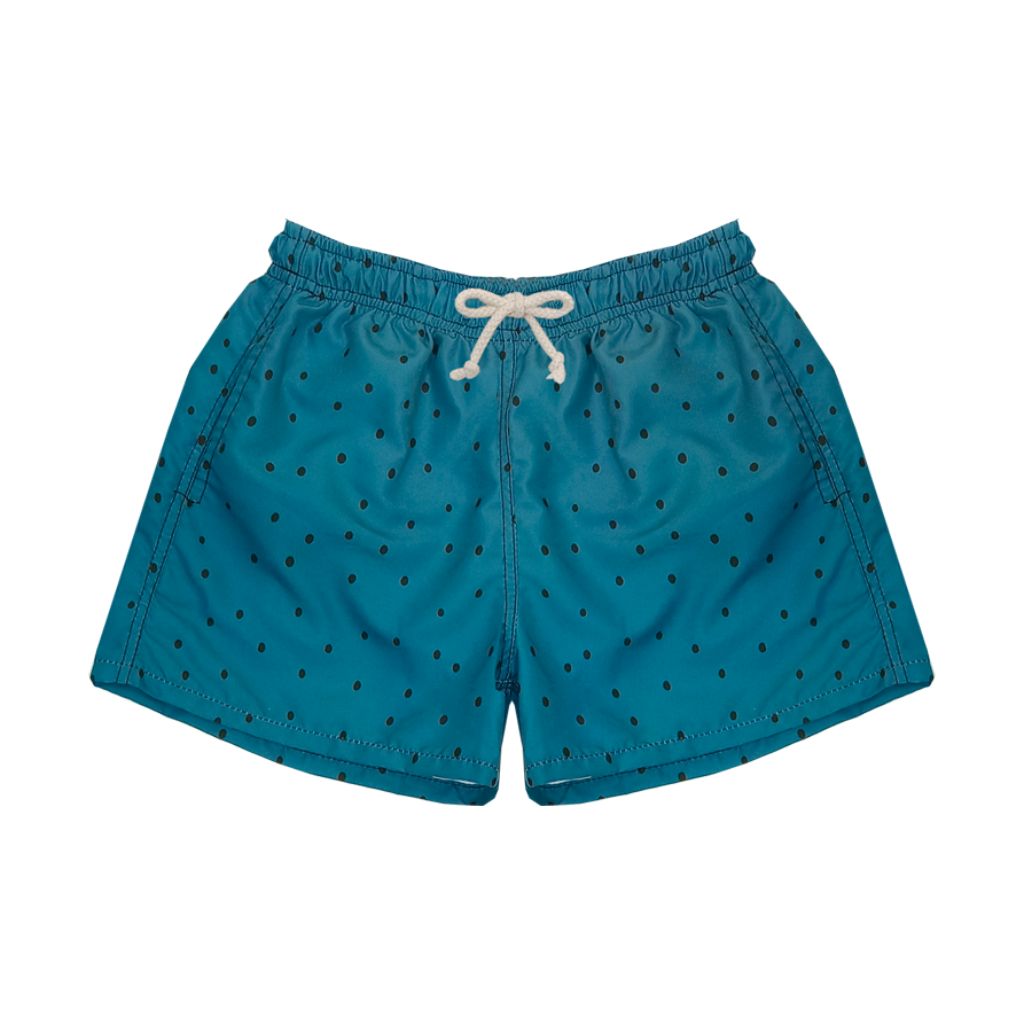 Product shot of the front of the Suncracy Teal Dots Santorini Tactel fast dry swim shorts for boys