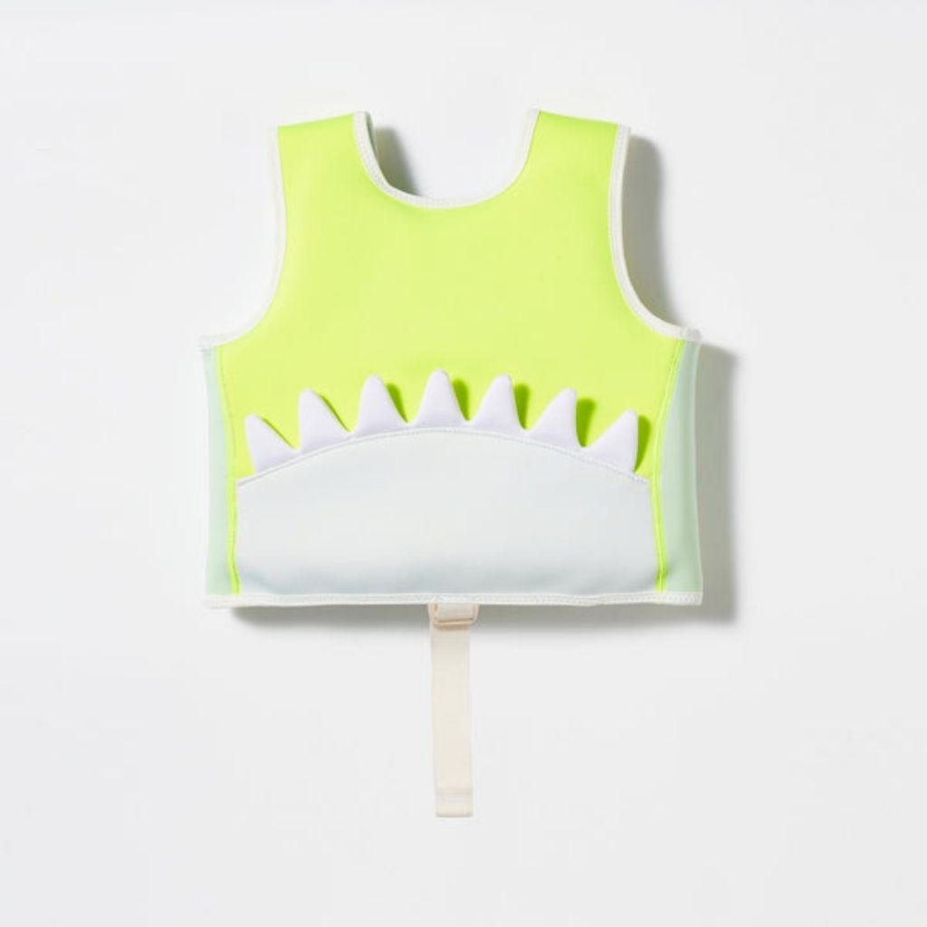 Back product shot of the Sunnylife Kids swim float vest EU design in Shark Tribe khaki