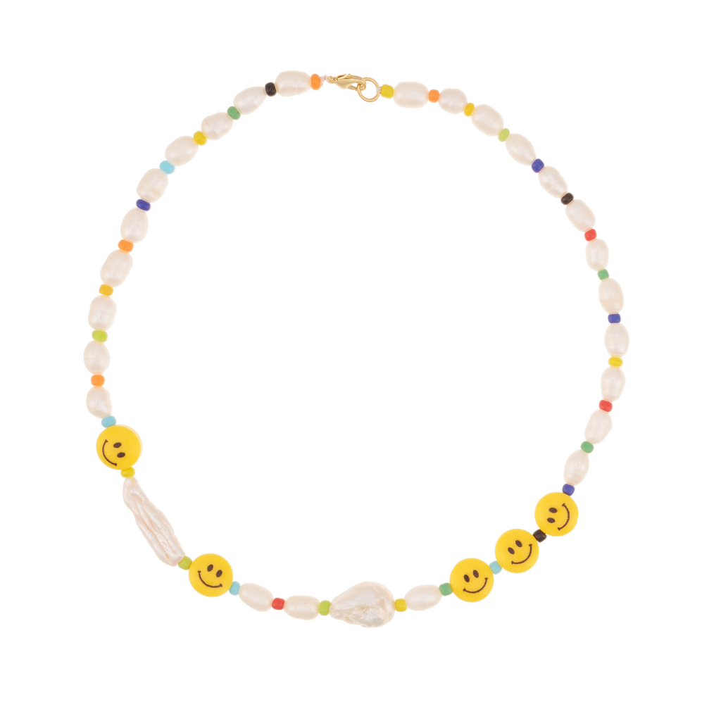 Talis Chains children's pearly smiley choker with yellow smiley faces and multicoloured beads and freshwater pearls
