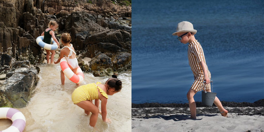 Petites Pommes classic striped floats and Scrunch foldable beach toys available at The Little Sunshine Store