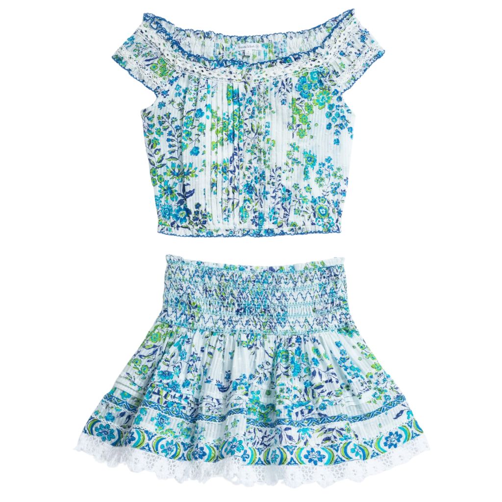 Product shot of the Alba Top and Galia Mini Skirt from Poupette St Barth Kids in Blue Queen Liberty Cotton Stripe print