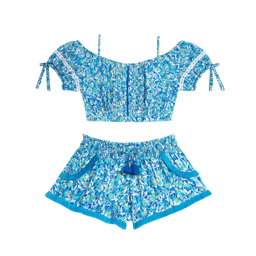Product shot of the Bonny Kids Top and Lulu Boxer Shorts in Blue Ocean Flowers print from Poupette St Barth