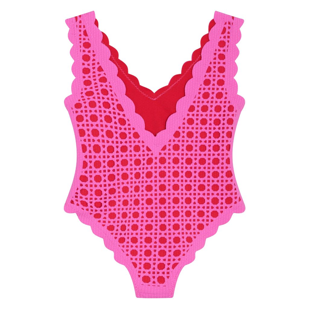 Back product shot of the Marysia Bumby Charlston Laser Cut Maillot Swimsuit in Orchid Cane