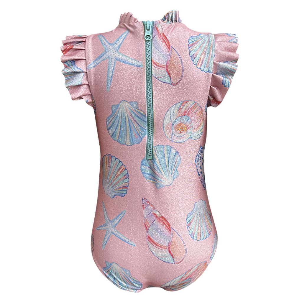 Back product shot of the Conchas Rosado Brillante Alisson One Piece Swimsuit from the Tornasol Collection of Pepita & Me