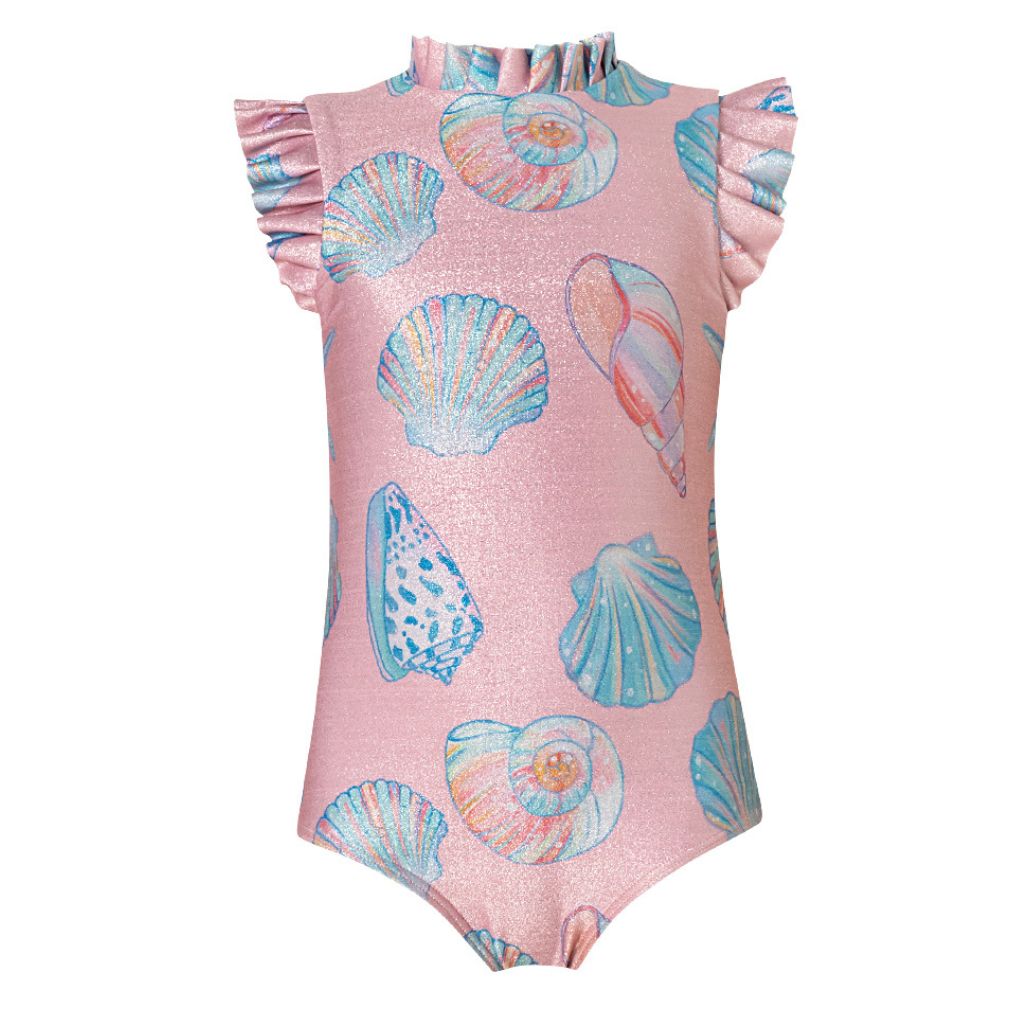 Front product shot of the Conchas Rosado Brillante Alisson One Piece Swimsuit from the Tornasol Collection of Pepita & Me