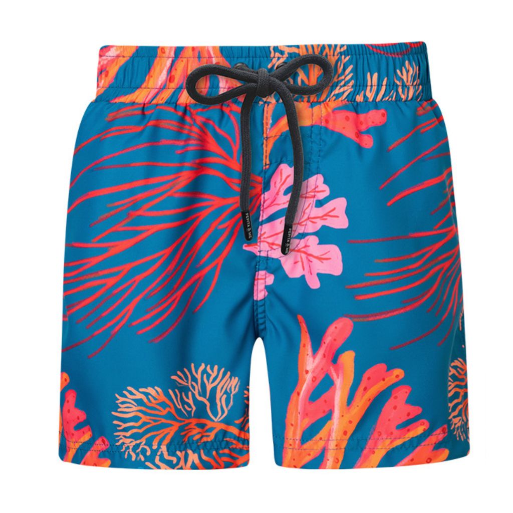 Front product shot of the Pepita & Me boys swim shorts in Corales Mar print from Tornasol collection