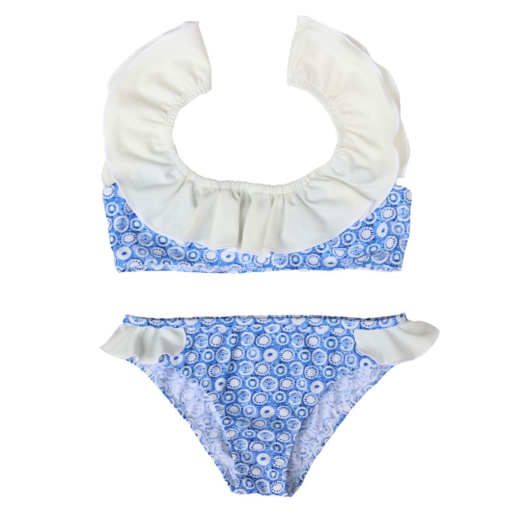 Product shot of the front of the Folpetto Elisa bikini in dusty blue jellyfish print